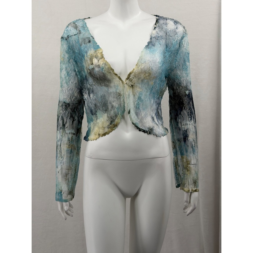 Komarov Sweater Womens Large Blue Green Sheer Lace Abstract Artsy Cardigan Layer